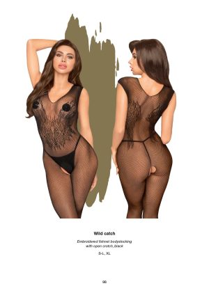 Wild Catch Embroidered Fishnet Bodystocking with open crotch Black